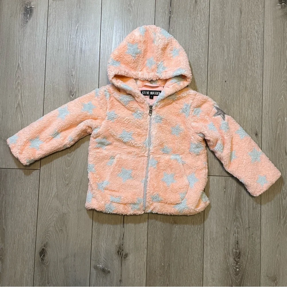 Steve Madden Toddler Girls' Faux Shearling Star Hoodie Jacket Cozy Pink Blue‎ 4T